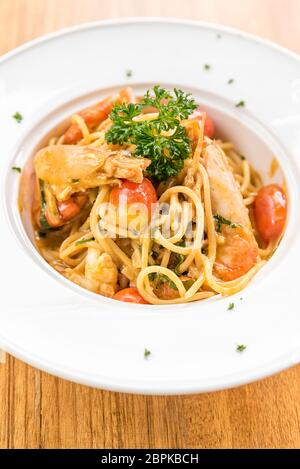 Prawn Pasta with Lobster bisque sauce Stock Photo