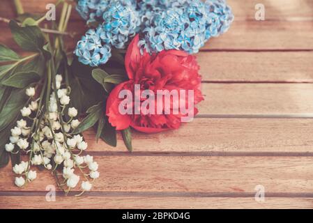 Bouquet with lilac and peony roses Stock Photo