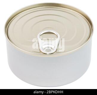 closed tin can with pull tab ring lid opener isolated on white background slanted frontal view Stock Photo