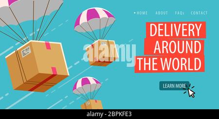 Delivery service business. Parachute with box or parcel vector illustration Stock Vector