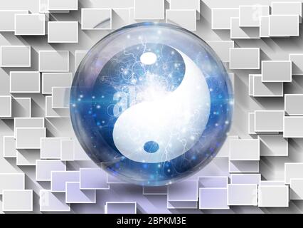 Yin Yang symbol is contained inside of glass sphere. 3D rendering Stock Photo