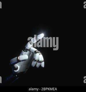 Robotic hand pointing finger upwards on black background. Stock Photo