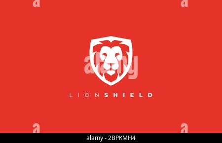 lion shield logo . lion head in the shield logo isolated on red background . creative vector illustration Stock Vector
