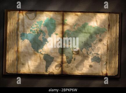 Old Tome with World Map Stock Photo
