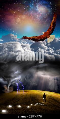 Storm and landscape. Eagle soars in the sky. Man is losing light bulbs as ideas Stock Photo