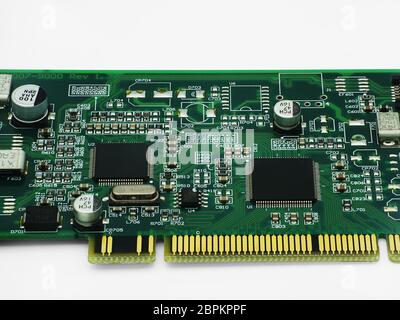 Macro photograph of a printed circuit board with electronic components. Stock Photo