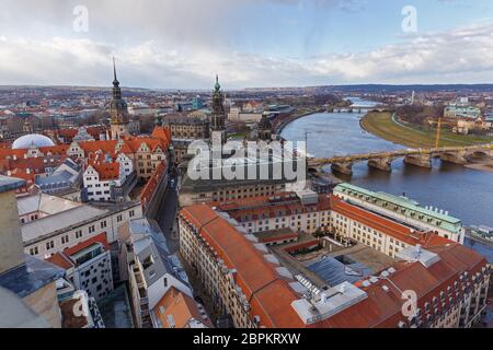Dresden. Areal view to the river and the embankment Stock Photo