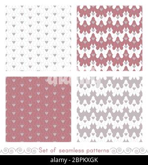 Set of seamless patterns with little hearts, abstract. White, pink red and grey. Vector. Stock Vector