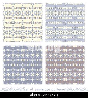 Set of seamless patterns retro, vintage. Chocolate color, bluen blue jean and pale yellow. Pastel colors. Vector. Stock Vector