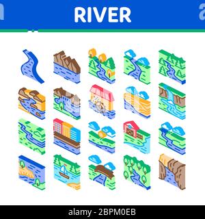 River Landscape Isometric Icons Set Vector Stock Vector