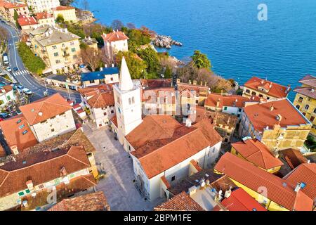 Town of Lovran historic center archutecture aerial view, Kvarner bay of Croatia Stock Photo