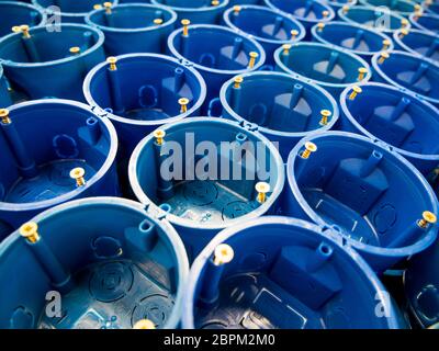 Voronezh, Russia - September 4, 2019: Rows of electrical socket boxes for mounting Stock Photo