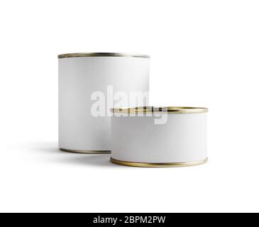 Two blank food tin cans isolated on white background. Ready for your design. Clipping path. Stock Photo