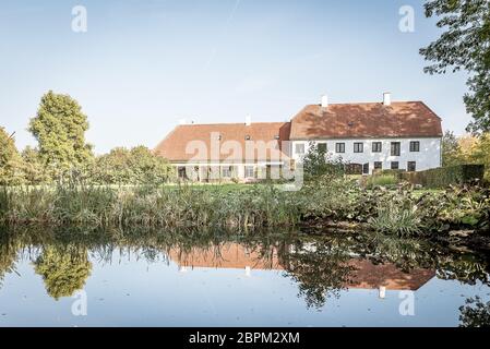 Rungstedlund, the home of the danish writer and storyteller Karen Blixen, reflections in the pund, Rungsted, Denmark, october 10, 2018 Stock Photo