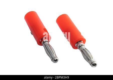 Adapter wire cable audio speaker banana plugs or banana jack connector isolated on white background. Stock Photo