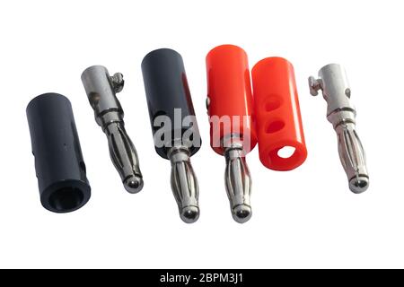 Adapter wire cable audio speaker banana plugs or banana jack connector isolated on white background. Stock Photo