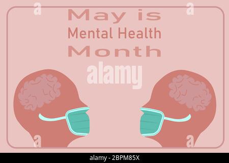 Vector illustration of Mental Health Month. Two face profile icons wearing mask during Coronavirus pandemic. Confinement. Stock Vector