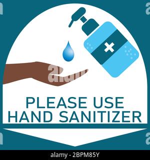 Vector illustration with the text (Please use hand sanitizer). Blue background. Stock Vector