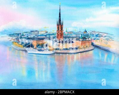 Watercolor sketch of Riddarholmen, Gamla Stan, in the Old Town in Stockholm at sunset, the capital of Sweden Stock Photo