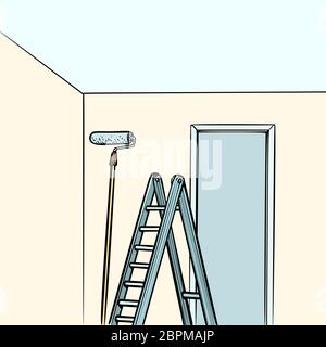 ladder repair paint roller. Comic cartoon pop art retro vector illustration drawing Stock Photo