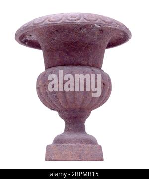 Empty plant pot isolated, small and made from metal - Very rusty Stock Photo