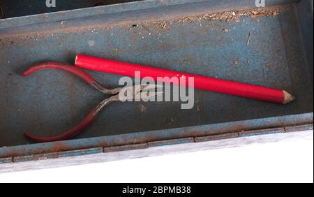 Old toolbox filled with vintage tools, isolated Stock Photo