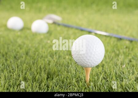 Golf ball sitting on tee putting in golf course. Golf ball on tee ready to be shot Stock Photo