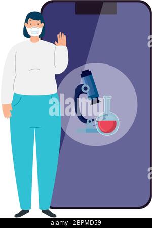 woman using face mask and smartphone with icons Stock Vector
