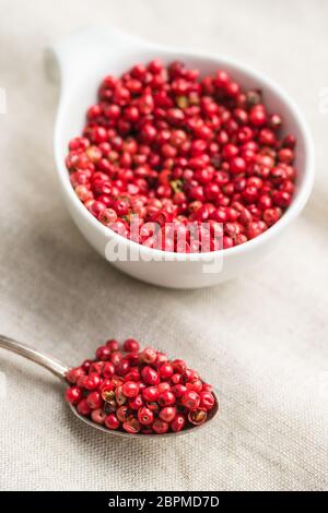 Dried pink peppercorn in spoon. Stock Photo