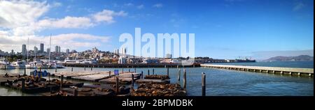 Pier 39, part of Fisherman's Wharf in San Francisco with panoramic view of the Golden Gate Bridge and San Francisco in California, USA Stock Photo
