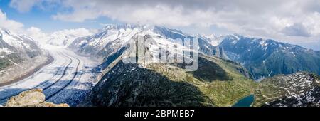 The Aletsch Glacier is the largest glacier in the eastern Bernese Alps in the Swiss canton of Valais. Stock Photo