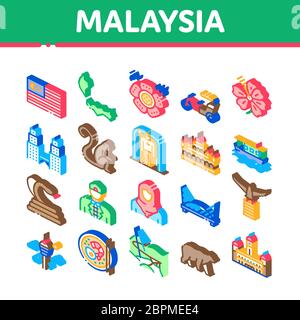 Malaysia National Isometric Icons Set Vector Stock Vector