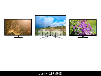 Television monitors isolated on white background. TV monitors showing images of nature. 4k monitor isolated on white. Flat high definition TV with ima Stock Photo