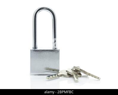 Metallic padlock with three keys isolated on white background Stock Photo