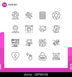 Mobile Interface Outline Set of 16 Pictograms of place, location, calculator, photo, camera Editable Vector Design Elements Stock Vector