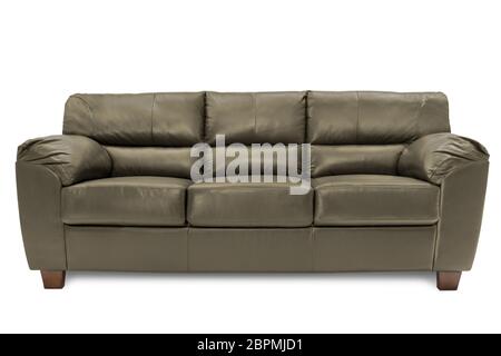 Three seats cozy blue leather sofa isolated on white background Stock Photo
