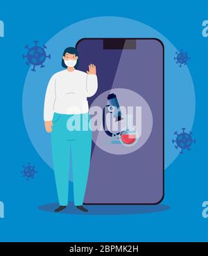 woman using face mask and smartphone with particles 2019 ncov Stock Vector