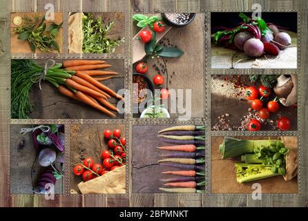 Mixed fresh ripe colorful vegetables collage on old wooden rustic background. Vegetarian, healthy food, autumn harverst concept. Restaurant menu Stock Photo
