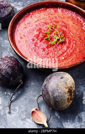 Beetroot creamy soup in bowl.Traditional ukrainian russian polish beet soup. Stock Photo