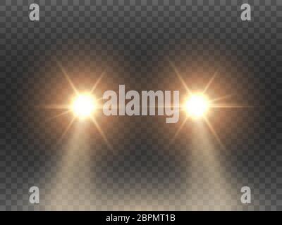 Car lights effect on transparent backdrop. Isolated yellow headlights. Realistic automobile flares. Bright car beams concept. Rays on road. Vector Stock Vector
