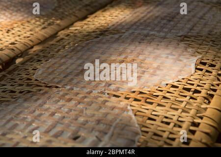 Drying Vietnamese rice paper under the sun in the Mekong Delta on a warm day Stock Photo