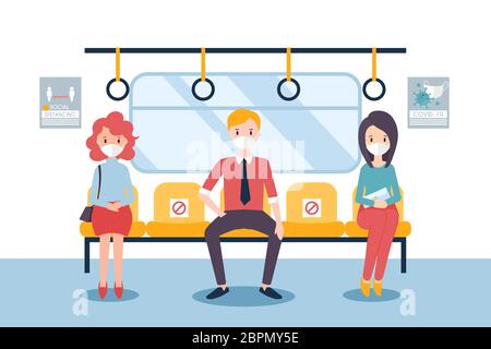 Social distancing concept for covid-19 with people in a train Stock Vector