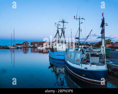 View to the port of Klintholm Havn in Denmark. Stock Photo