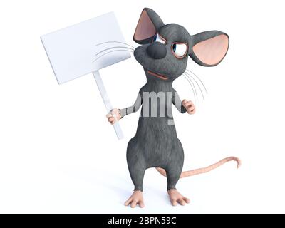 3D rendering of a cute cartoon mouse holding a blank sign. He is looking at the sign and seem very angry or upset. White background. Stock Photo