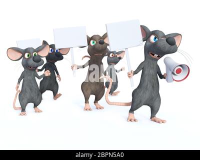 3D rendering of cute cartoon mice holding blank signs and looking upset while marching and protesting. Maybe they are on a strike. White background. Stock Photo