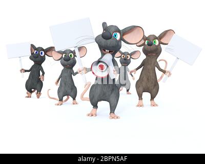 3D rendering of cute cartoon mice holding blank signs and looking upset while marching and protesting. Maybe they are on a strike. White background. Stock Photo