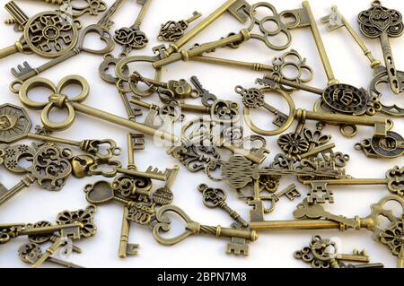 Closeup view of a variety lot of brass keys used for decorative purposes. Stock Photo