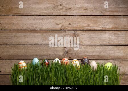 Decorated Easter eggs in the grass on wooden background, copy space Stock Photo