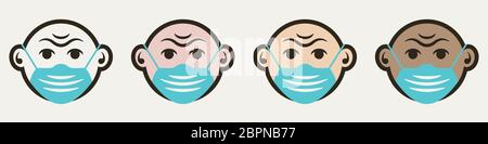 Face mask icon in cartoon style with different skin colors. Stock Vector