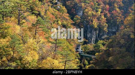 Naruko Gorge valley with train railroad tunnel in Miyagi Tohoku Japan panorama Stock Photo